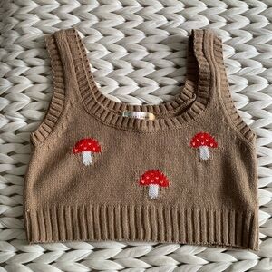 Mushroom Knit Cropped Tank Sweater Vest - Brown with Red Mushroom Motif